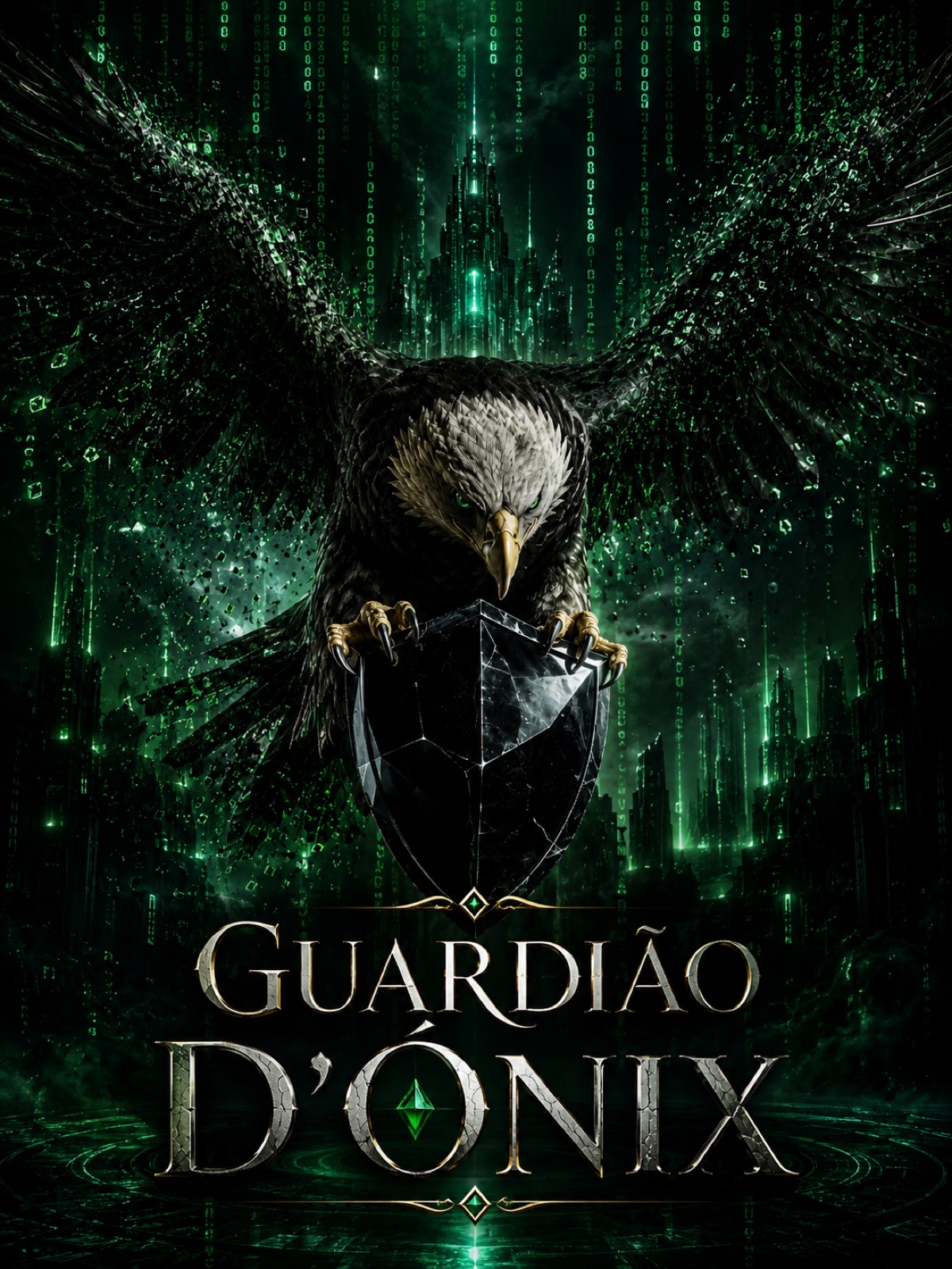 Guardião D'Ónix emblem — eagle and onyx shield against a digital green skyline